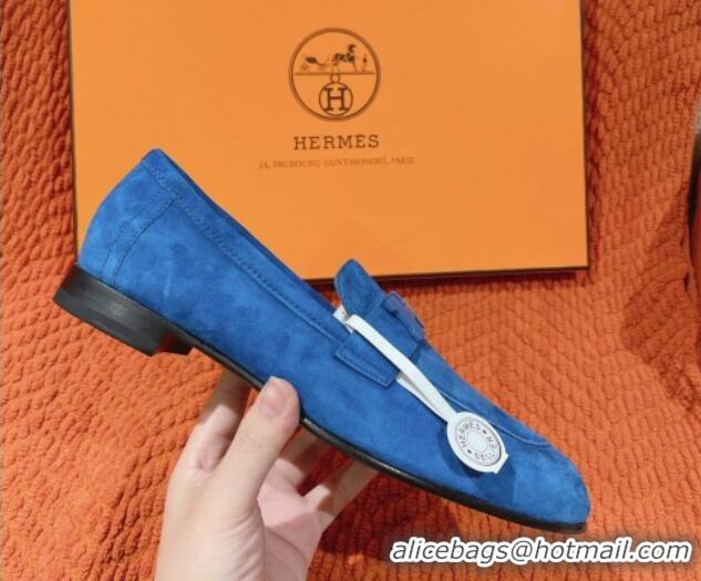 Unique Style Hermes Paris Loafers in Suede Blue 0104047