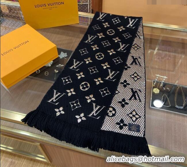 Low Cost Louis Vuitton Logomania Wool Long Scarf with Fringe 30x175cm LV011001 Black/Gold 2024