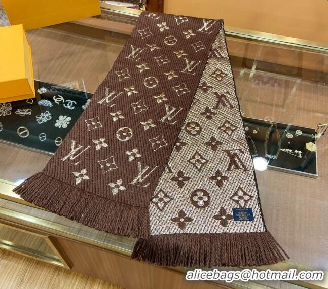 Good Taste Louis Vuitton Logomania Wool Long Scarf with Fringe 30x175cm LV011001 Brown/Gold 2024