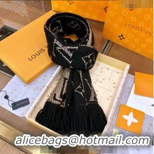 Inexpensive Louis Vuitton Monogram Giant Jungle Logomania Wool Long Scarf with Fringe 39.5x176cm LV10006 Black 2024