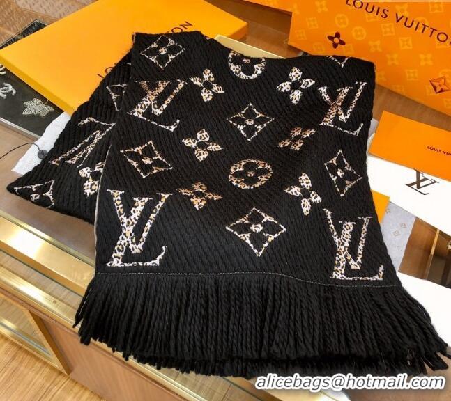 Inexpensive Louis Vuitton Monogram Giant Jungle Logomania Wool Long Scarf with Fringe 39.5x176cm LV10006 Black 2024