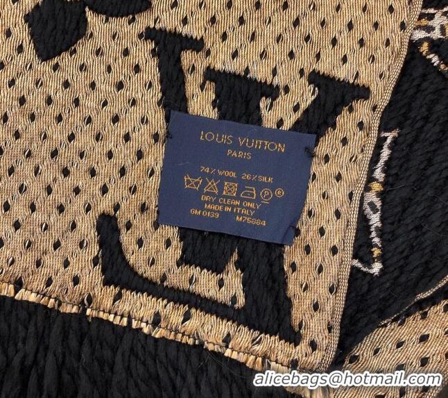 Inexpensive Louis Vuitton Monogram Giant Jungle Logomania Wool Long Scarf with Fringe 39.5x176cm LV10006 Black 2024