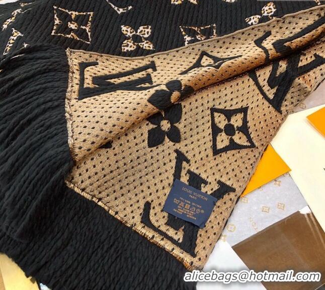 Inexpensive Louis Vuitton Monogram Giant Jungle Logomania Wool Long Scarf with Fringe 39.5x176cm LV10006 Black 2024