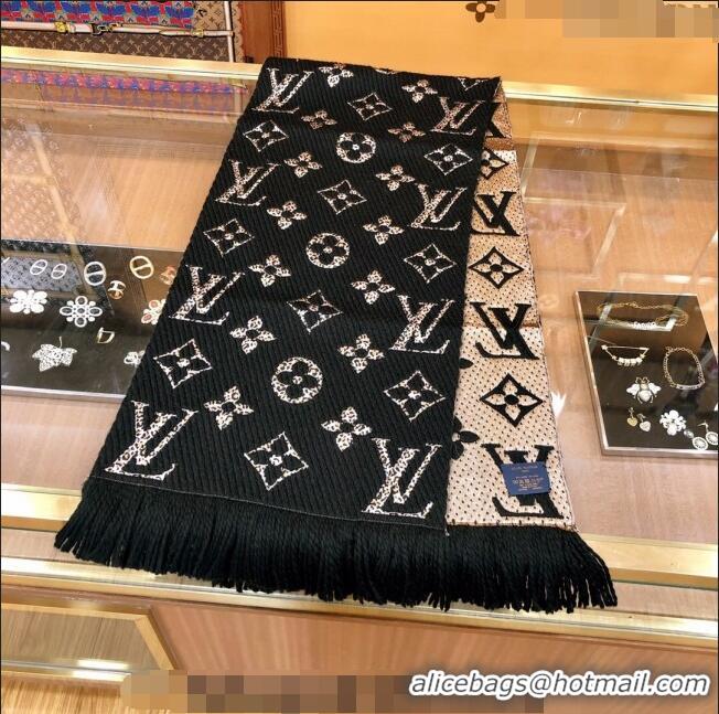 Inexpensive Louis Vuitton Monogram Giant Jungle Logomania Wool Long Scarf with Fringe 39.5x176cm LV10006 Black 2024