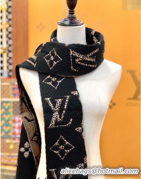 Inexpensive Louis Vuitton Monogram Giant Jungle Logomania Wool Long Scarf with Fringe 39.5x176cm LV10006 Black 2024