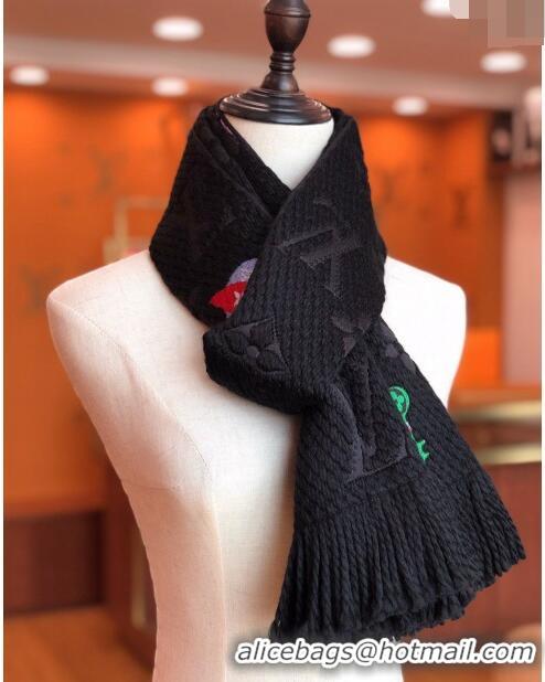 Promotional Louis Vuitton Stories Logomania Wool Long Scarf with Fringe 30x174cm LV10008 Black 2024