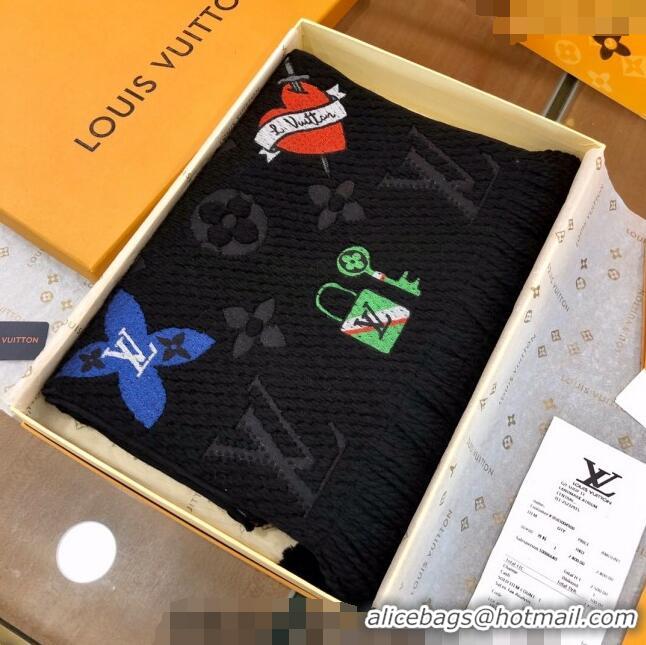 Promotional Louis Vuitton Stories Logomania Wool Long Scarf with Fringe 30x174cm LV10008 Black 2024