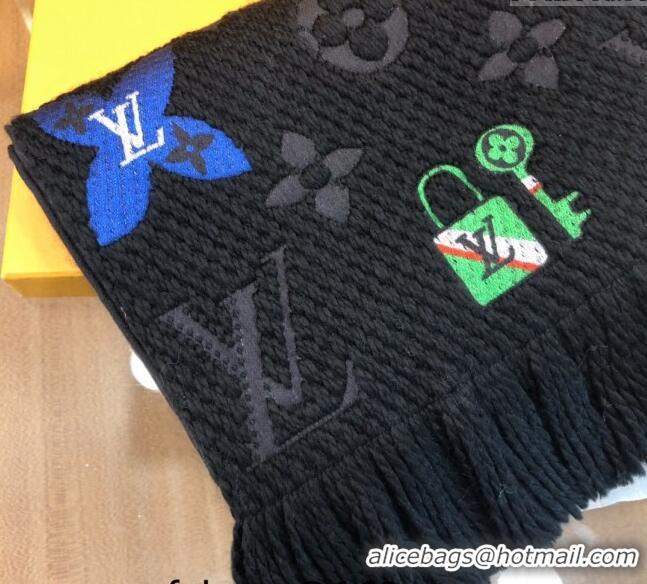 Promotional Louis Vuitton Stories Logomania Wool Long Scarf with Fringe 30x174cm LV10008 Black 2024