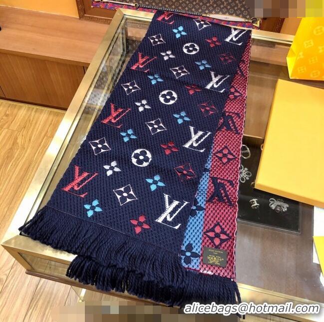 Popular Style Louis Vuitton Logomania Rainbow Wool Long Scarf with Fringe 30x175cm LV011002 Navy Blue 2024