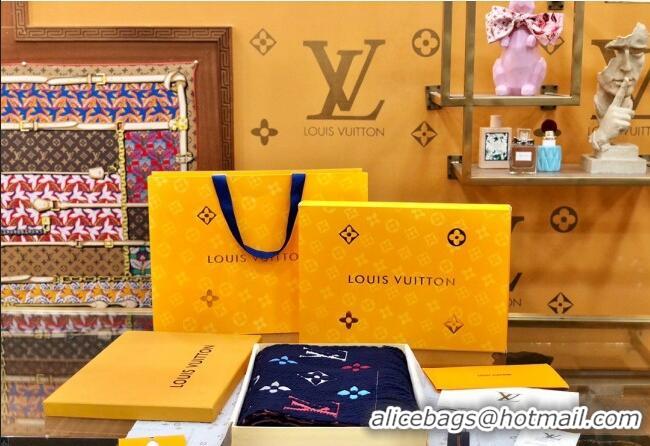 Popular Style Louis Vuitton Logomania Rainbow Wool Long Scarf with Fringe 30x175cm LV011002 Navy Blue 2024