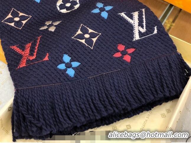 Popular Style Louis Vuitton Logomania Rainbow Wool Long Scarf with Fringe 30x175cm LV011002 Navy Blue 2024