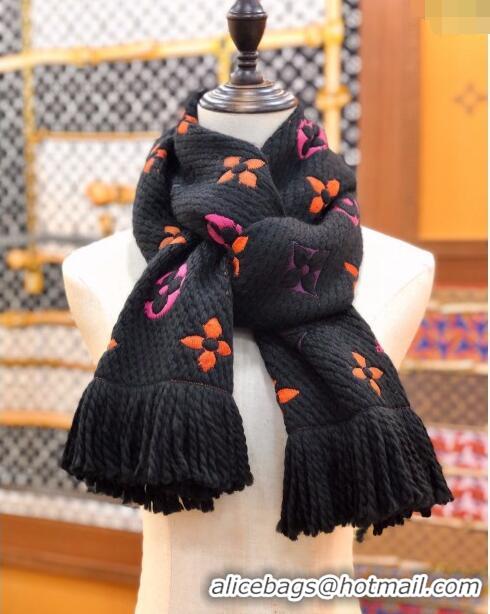 Best Price Louis Vuitton Logomania Rainbow Wool Long Scarf with Fringe 30x175cm LV011002 Black 2024