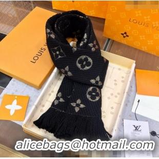 Top Grade Louis Vuitton Logomania Wool Long Scarf with Fringe 30x175cm LV011003 Black/Gold 2024