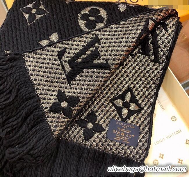 Top Grade Louis Vuitton Logomania Wool Long Scarf with Fringe 30x175cm LV011003 Black/Gold 2024