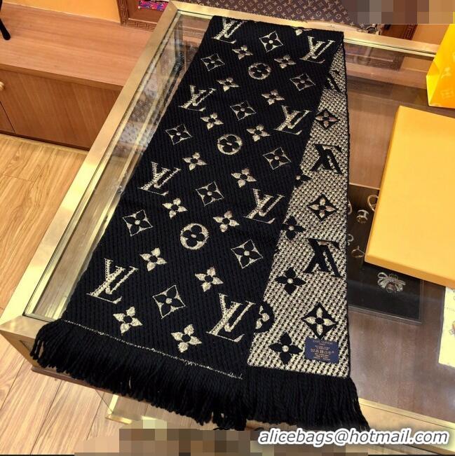 Top Grade Louis Vuitton Logomania Wool Long Scarf with Fringe 30x175cm LV011003 Black/Gold 2024