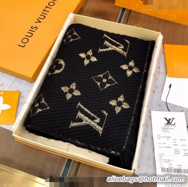 Top Grade Louis Vuitton Logomania Wool Long Scarf with Fringe 30x175cm LV011003 Black/Gold 2024