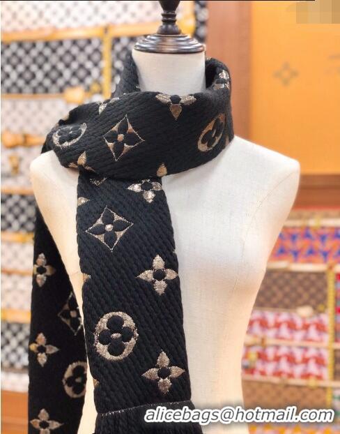 Top Grade Louis Vuitton Logomania Wool Long Scarf with Fringe 30x175cm LV011003 Black/Gold 2024