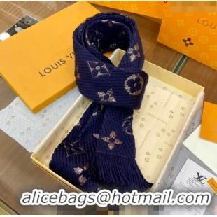 Luxurious Louis Vuitton Logomania Wool Long Scarf with Fringe 30x175cm LV011003 Navy Blue/Gold 2024