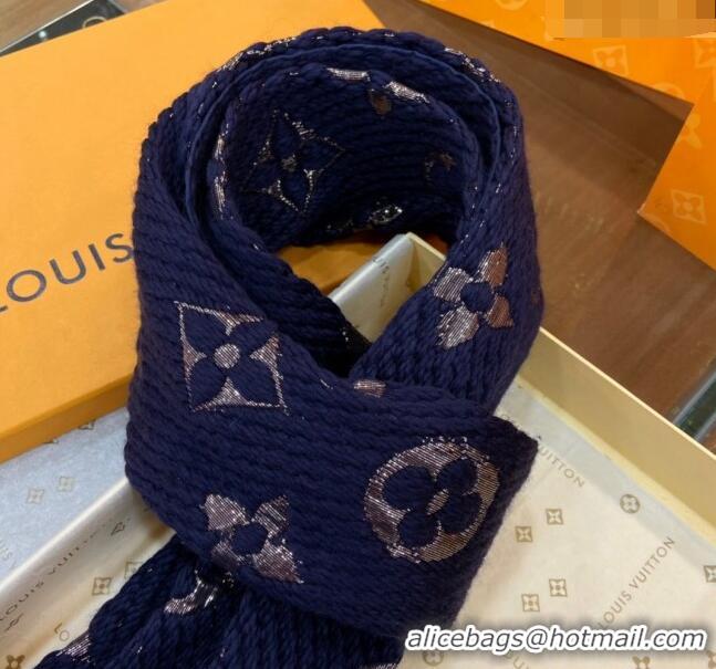 Luxurious Louis Vuitton Logomania Wool Long Scarf with Fringe 30x175cm LV011003 Navy Blue/Gold 2024