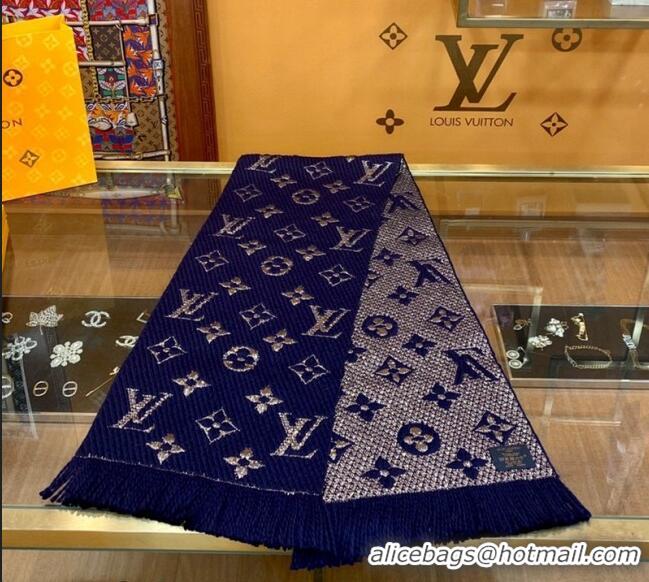 Luxurious Louis Vuitton Logomania Wool Long Scarf with Fringe 30x175cm LV011003 Navy Blue/Gold 2024