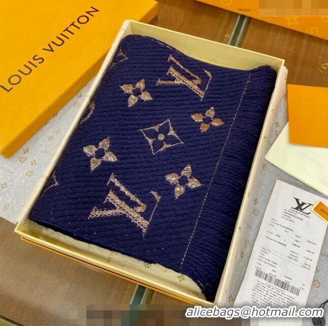 Luxurious Louis Vuitton Logomania Wool Long Scarf with Fringe 30x175cm LV011003 Navy Blue/Gold 2024