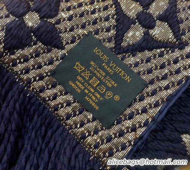 Luxurious Louis Vuitton Logomania Wool Long Scarf with Fringe 30x175cm LV011003 Navy Blue/Gold 2024