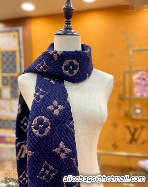 Luxurious Louis Vuitton Logomania Wool Long Scarf with Fringe 30x175cm LV011003 Navy Blue/Gold 2024