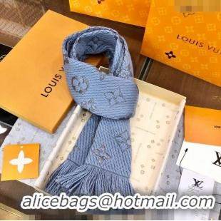 Well Crafted Louis Vuitton Logomania Wool Long Scarf with Fringe 30x175cm LV011003 Light Blue/Silver 2024