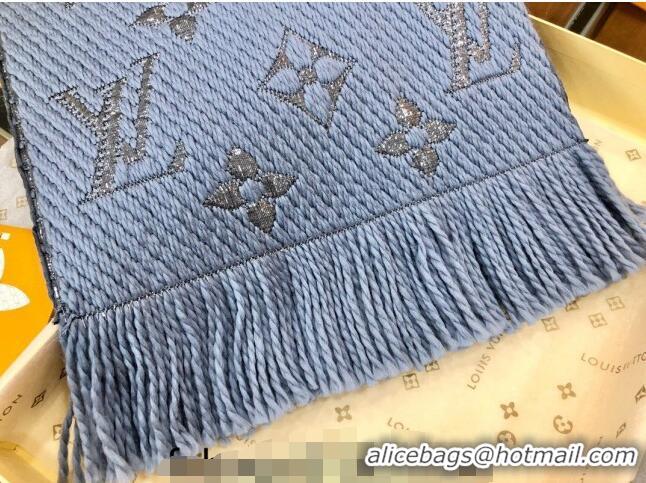 Well Crafted Louis Vuitton Logomania Wool Long Scarf with Fringe 30x175cm LV011003 Light Blue/Silver 2024