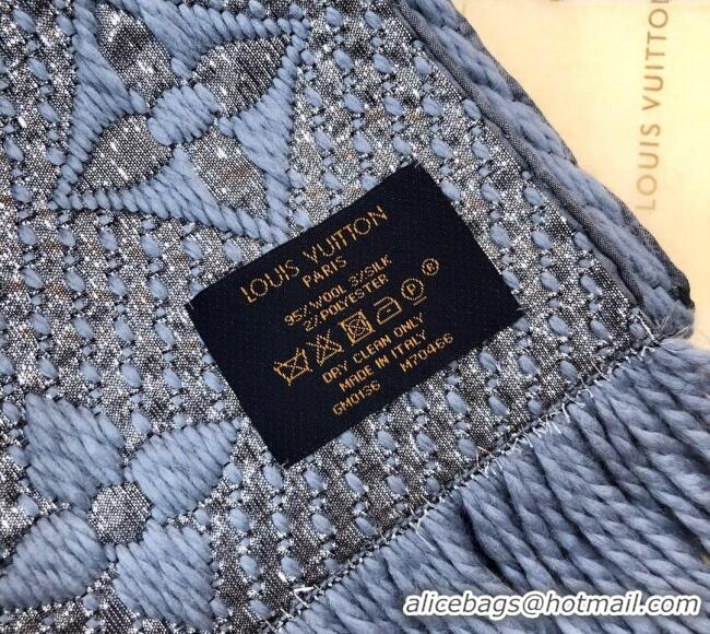 Well Crafted Louis Vuitton Logomania Wool Long Scarf with Fringe 30x175cm LV011003 Light Blue/Silver 2024