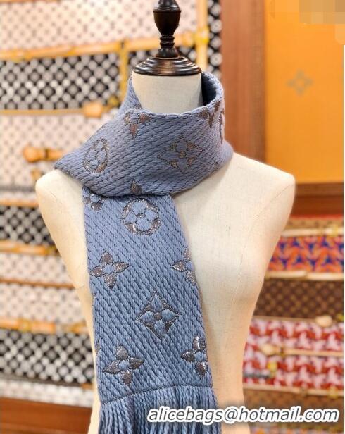 Well Crafted Louis Vuitton Logomania Wool Long Scarf with Fringe 30x175cm LV011003 Light Blue/Silver 2024