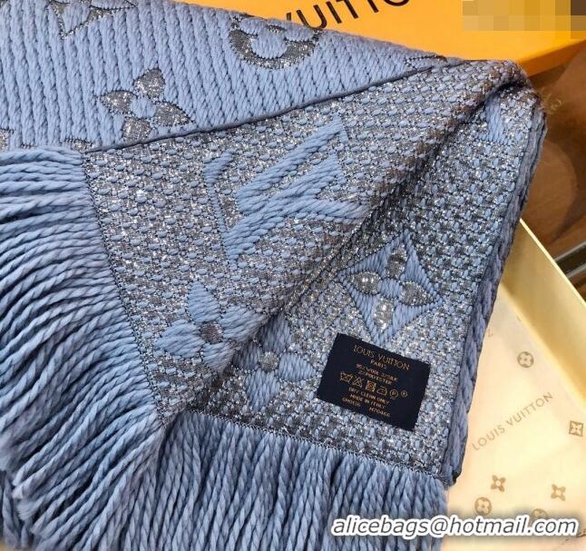 Well Crafted Louis Vuitton Logomania Wool Long Scarf with Fringe 30x175cm LV011003 Light Blue/Silver 2024