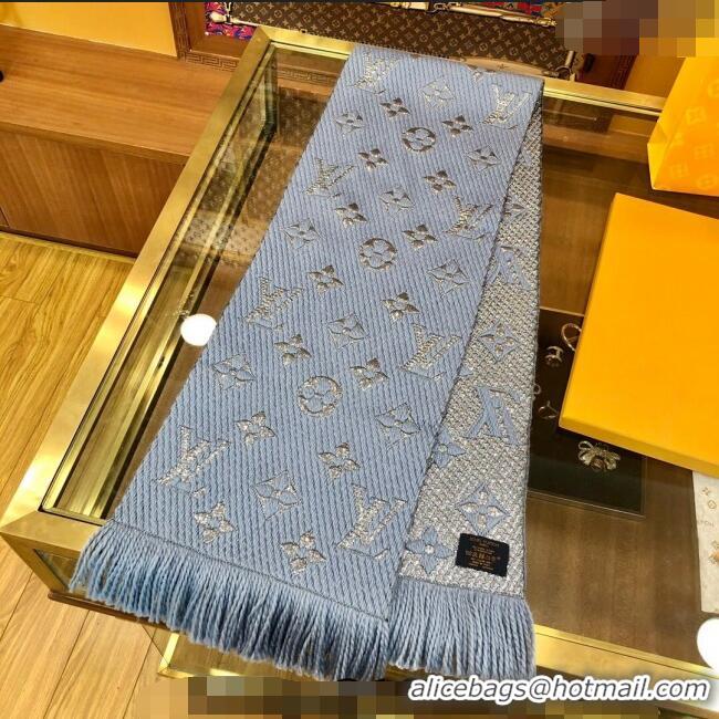 Well Crafted Louis Vuitton Logomania Wool Long Scarf with Fringe 30x175cm LV011003 Light Blue/Silver 2024