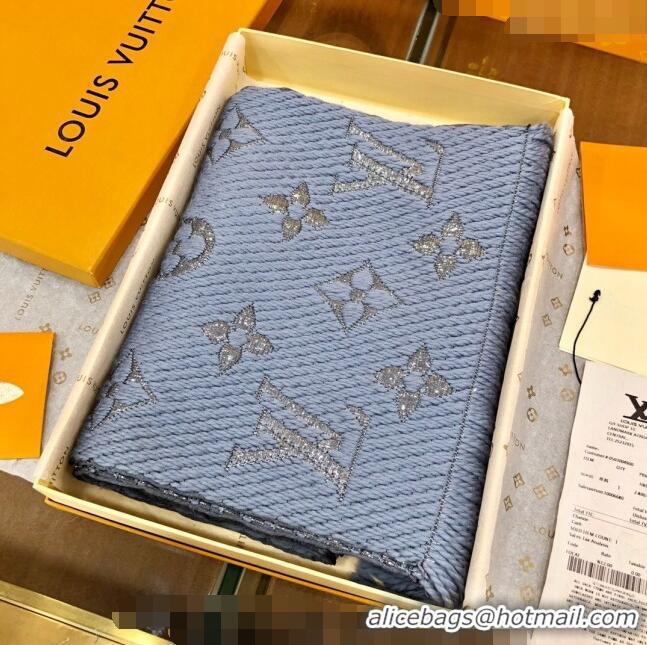 Well Crafted Louis Vuitton Logomania Wool Long Scarf with Fringe 30x175cm LV011003 Light Blue/Silver 2024