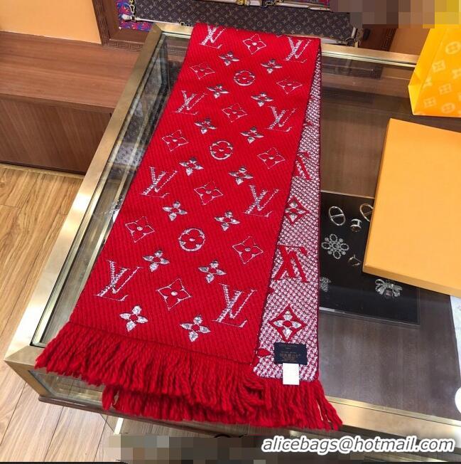 Good Taste Louis Vuitton Logomania Wool Long Scarf with Fringe 30x175cm LV011003 Red/Silver 2024