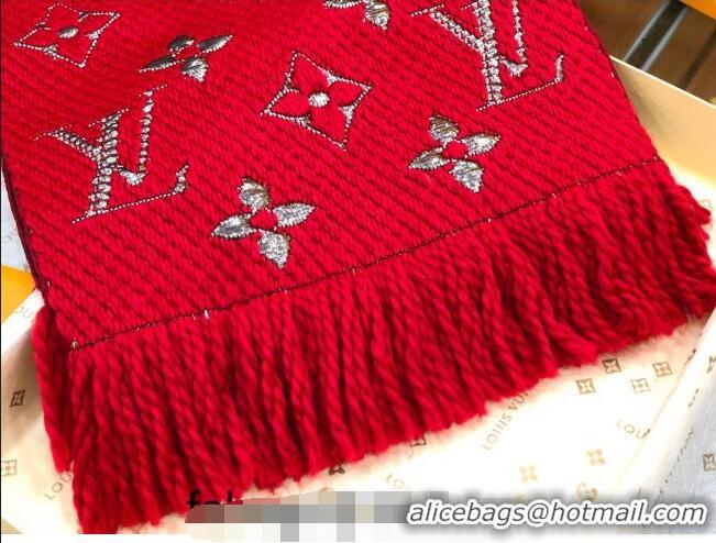 Good Taste Louis Vuitton Logomania Wool Long Scarf with Fringe 30x175cm LV011003 Red/Silver 2024