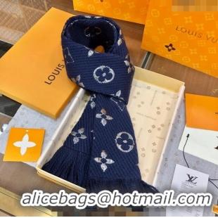 Super Quality Louis Vuitton Logomania Wool Long Scarf with Fringe 30x175cm LV011003 Navy Blue/Silver 2024