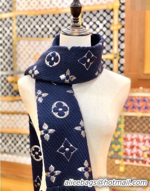 Super Quality Louis Vuitton Logomania Wool Long Scarf with Fringe 30x175cm LV011003 Navy Blue/Silver 2024