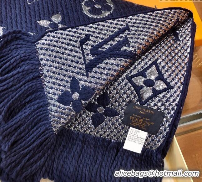 Super Quality Louis Vuitton Logomania Wool Long Scarf with Fringe 30x175cm LV011003 Navy Blue/Silver 2024