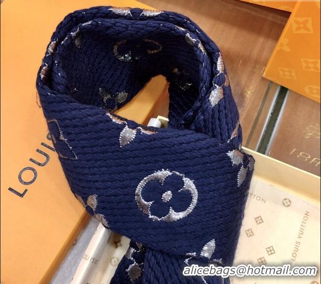 Super Quality Louis Vuitton Logomania Wool Long Scarf with Fringe 30x175cm LV011003 Navy Blue/Silver 2024