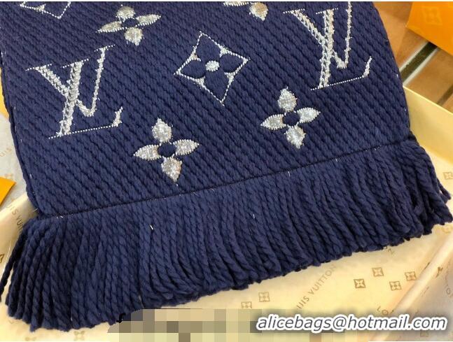 Super Quality Louis Vuitton Logomania Wool Long Scarf with Fringe 30x175cm LV011003 Navy Blue/Silver 2024