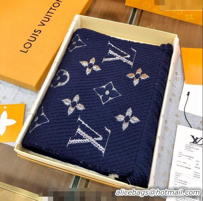 Super Quality Louis Vuitton Logomania Wool Long Scarf with Fringe 30x175cm LV011003 Navy Blue/Silver 2024