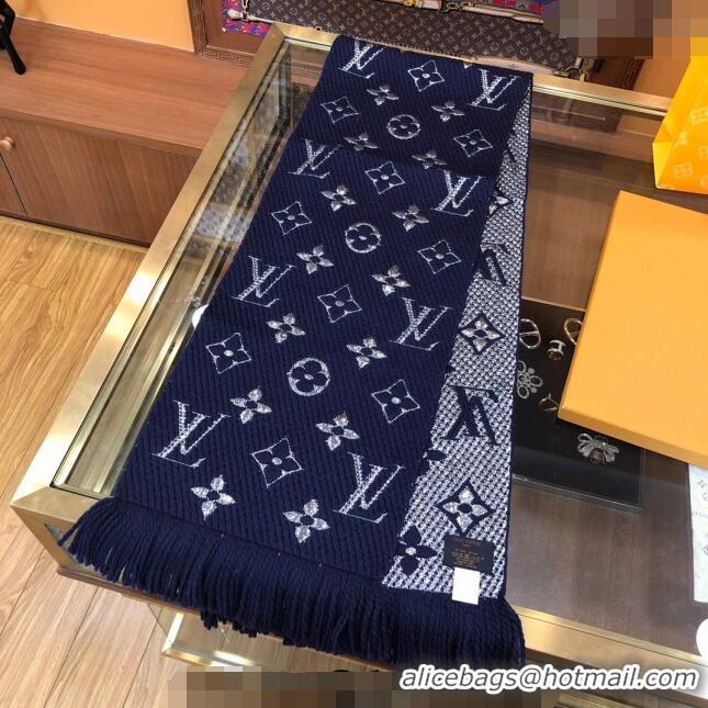 Super Quality Louis Vuitton Logomania Wool Long Scarf with Fringe 30x175cm LV011003 Navy Blue/Silver 2024