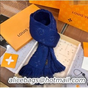 Popular Style Louis Vuitton Logomania Wool Long Scarf with Fringe 30x175cm LV011004 Navy Blue 2024