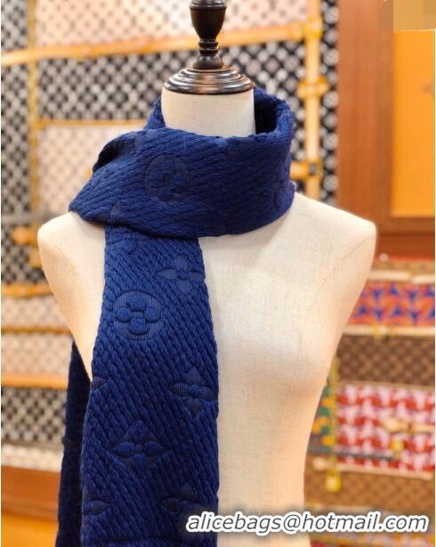 Popular Style Louis Vuitton Logomania Wool Long Scarf with Fringe 30x175cm LV011004 Navy Blue 2024