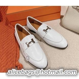 Good Looking Hermes Paris Loafers in Calfskin White Leather 104054