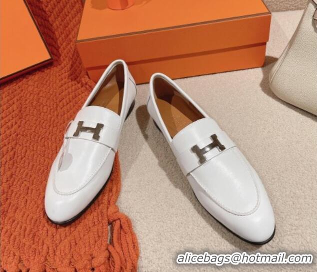 Good Looking Hermes Paris Loafers in Calfskin White Leather 104054