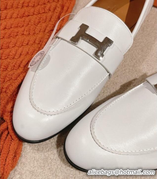 Good Looking Hermes Paris Loafers in Calfskin White Leather 104054