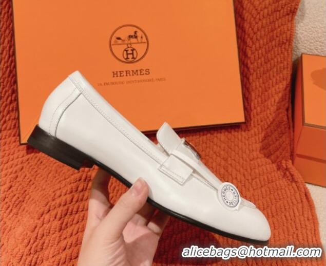 Good Looking Hermes Paris Loafers in Calfskin White Leather 104054