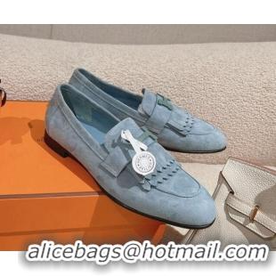 Perfect Hermes Royal Loafers in Suede Dusty Blue 0104065